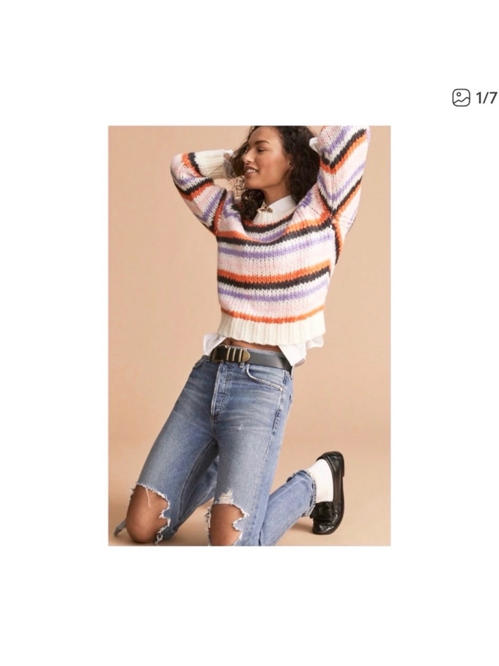 Anthropologie Striped  Crew Sweater in White, Purple & Orange